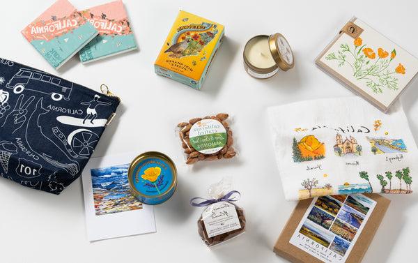 Array of California Products including Puzzle, Note Cards, Candle, California Almonds, Coasters and more